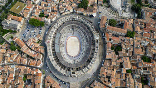Aerial of the city with the Roman Amphitheatre, UNESCO World Heritage Site, Arles, Bouches du Rhone, Provence-Alpes-Cote d'Azur, France, Europe photo