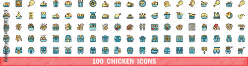 100 chicken icons set. Color line set of chicken vector icons thin line color flat on white