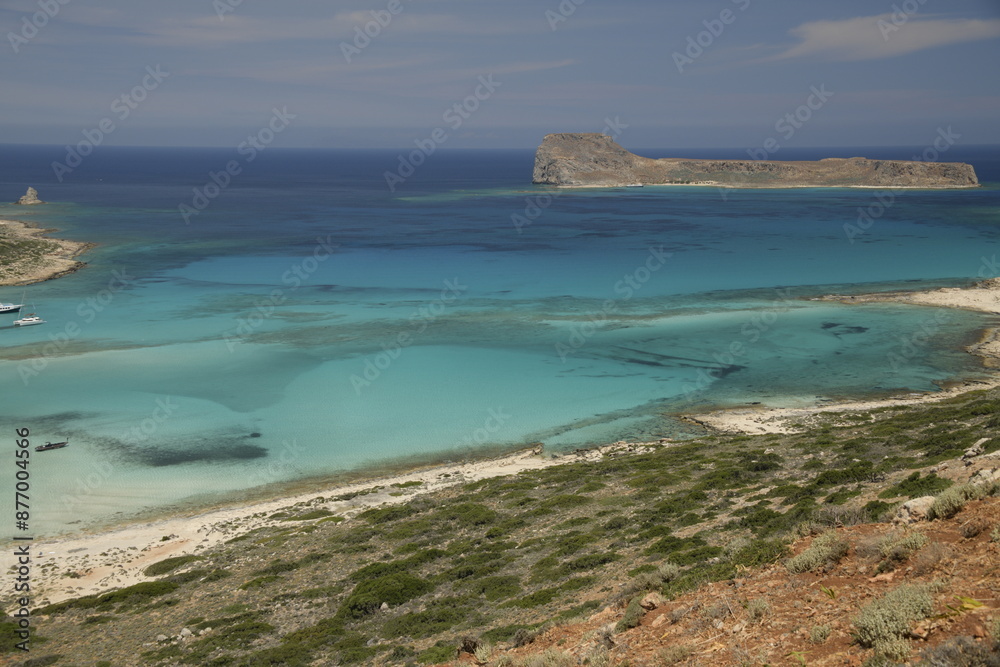 Balos Lagoon Beach and Cape Tigani, elevated view, Gramvousa Peninsula, Chania Region, Crete, Greek Islands, Greece, Europe Balos Lagoon Beach and Cape Tigani, elevated view, Gramvousa Peninsula, Chania Region, Crete, Greek Islands, Greece, Europe