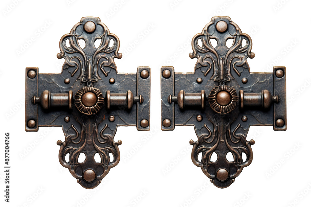Decorative Door Hinges, Each With an Intricate Design and a Different Metallic Finish on a White or Clear Surface PNG Transparent Background. Decorative Door Hinges, Each With an Intricate Design and a Different Metallic Finish on a White or Clear Surface PNG Transparent Background.