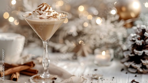 Cocktail Drink aramel White Espresso Martini with Cinnamon cream in winter scene photo