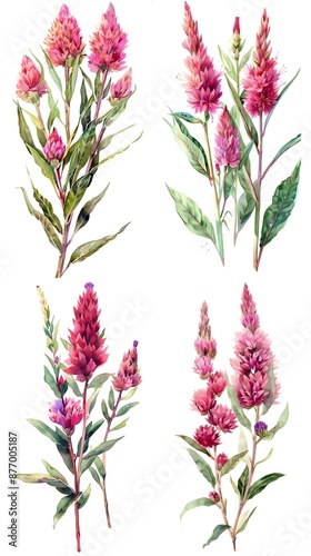 Set of  Celosia Flower Watercolor Illustration on White Background
