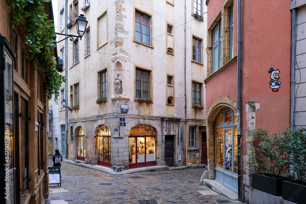 Cityscape of the Place de la Trinite, a square located in Vieux-Lyon, the city's oldest district, UNESCO World Heritage Site, Lyon, Auvergne Rhone Alpes, France, Europe Cityscape of the Place de la Trinite, a square located in Vieux-Lyon, the city's oldest district, UNESCO World Heritage Site, Lyon, Auvergne Rhone Alpes, France, Europe