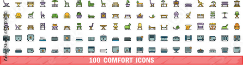 100 comfort icons set. Color line set of comfort vector icons thin line color flat on white
