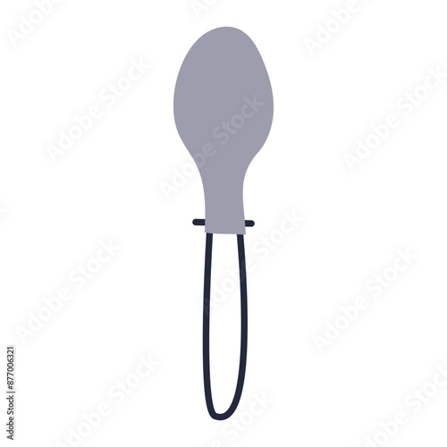 Metal spoon icon isolated on white background. Cutlery flat design element tablespoon for travel camping and hiking design. Top view silver tableware. Vector cartoon style kitchenware illustration.