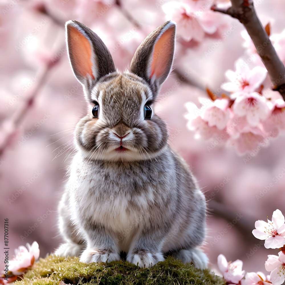 Obraz premium Cute Bunny with Cherry Blossoms