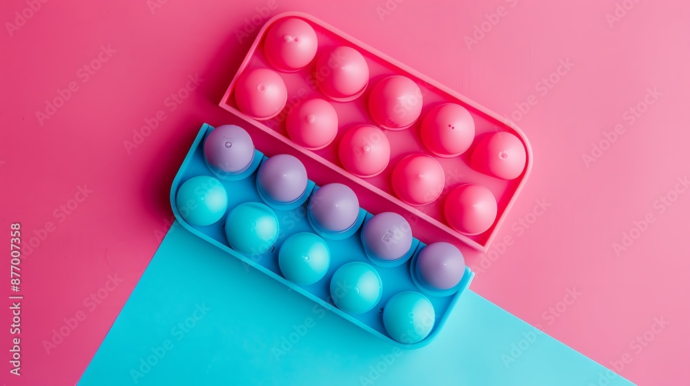 Colorful pop it fidget toy isolated on pink and blue background Colorful pop it fidget toy isolated on pink and blue background