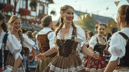 Group of locals dressed in traditional Bavarian fluffy skirt, blouse, corset with lacing and apron, enjoying a lively polka dance at Oktoberfest photo