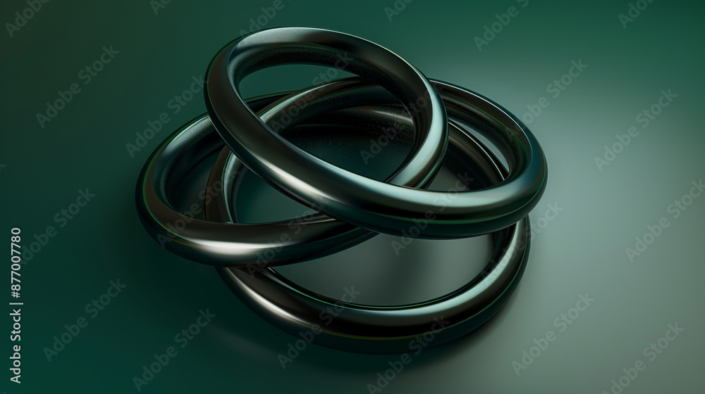 Simple 3D rendering of interlocking rings on a solid dark green background