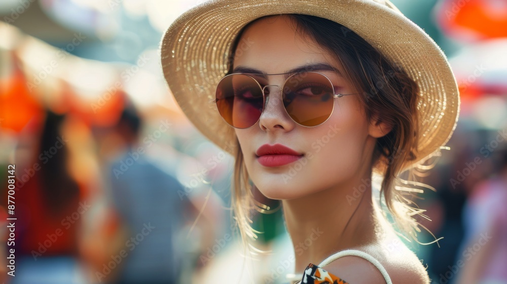 A woman with striking features, wearing a stylish hat and sunglasses, strolling through a city market. A woman with striking features, wearing a stylish hat and sunglasses, strolling through a city market.