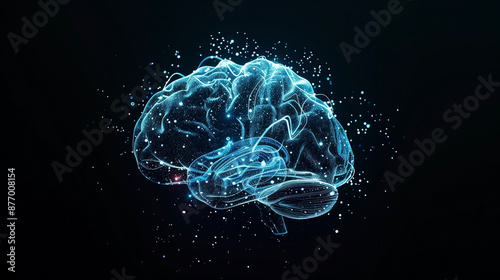 Beautiful transparent brain with blue glow and particles on a black background photo