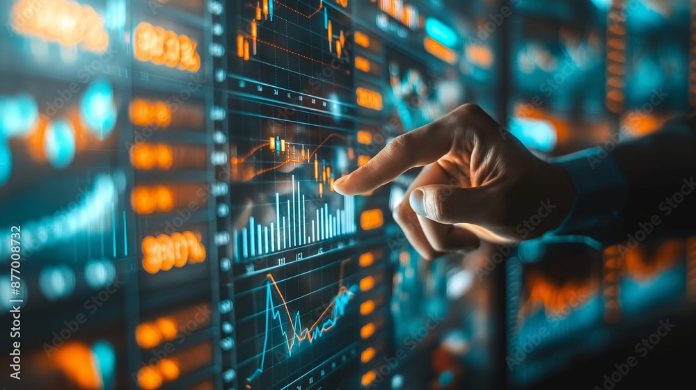 A professional hand meticulously analyzing complex financial charts on a vibrant digital interface A professional hand meticulously analyzing complex financial charts on a vibrant digital interface