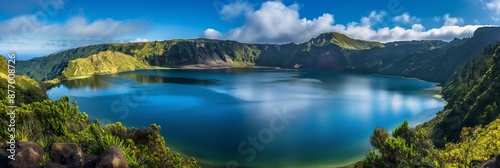 Idyllic panoramic crater lake, nature's beauty amidst volcanic landscapes, perfect for tranquil vacation.