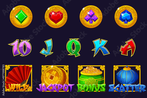 A complete set of symbols for the Chinese slot game. Here are the jackpot, bonus, wild and scatter symbols. Twelve Chinese Icons for Game Development