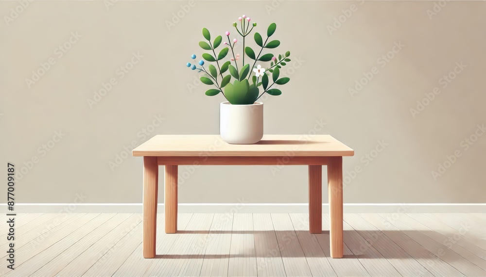Minimalist plant arrangement in a white pot on a wooden table Minimalist plant arrangement in a white pot on a wooden table