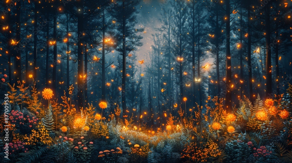 Fototapeta premium Enchanted Forest with Glowing Flowers and Fireflies - Generative AI