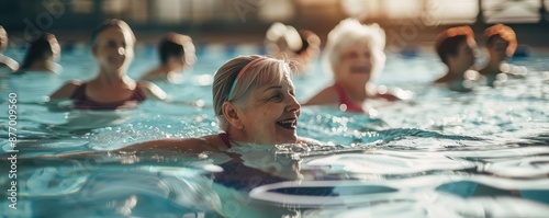 A woman in a bathing suit is in a pool with other people doing aqua gym. Free copy space for text.