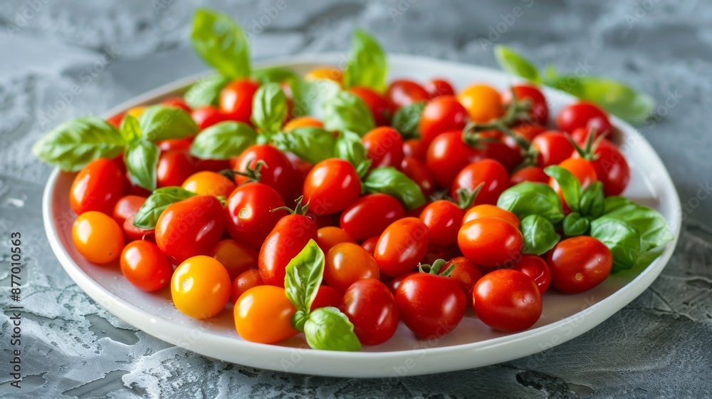 Cherry tomatoes arranged on a white plate with basil leaves, creating a colorful appetizer.