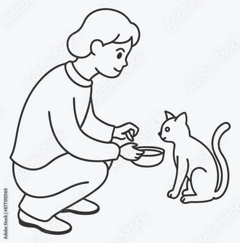 Elegant Line Art Vector Set, Woman Caressing and Feeding a Cat