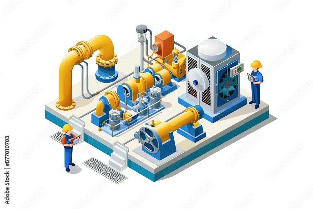 Engineer and electrician working with Industrial Water Pumps Maintenance Service concept isometric