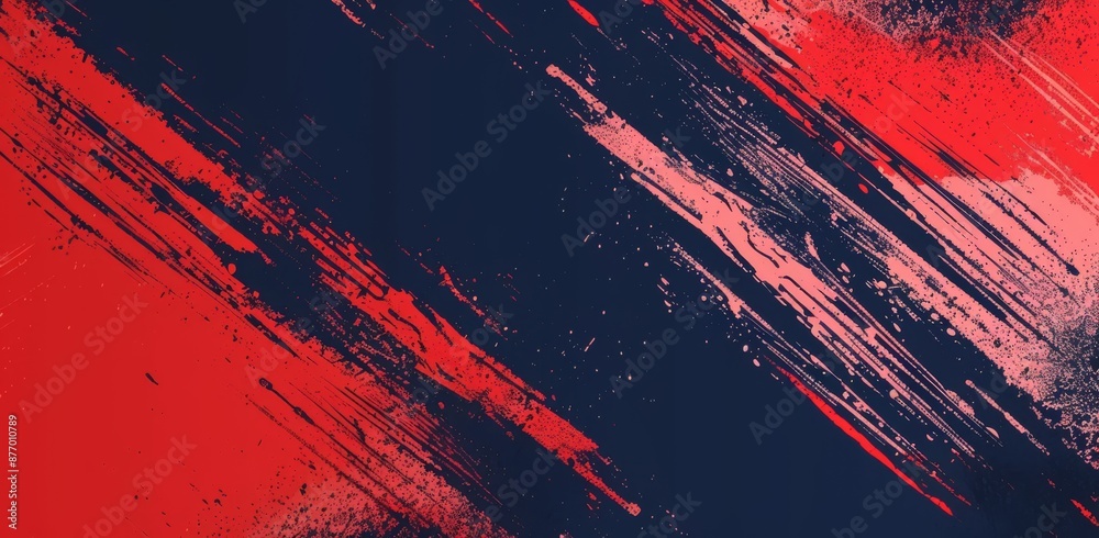 Red and navy blue background with halftone pattern.