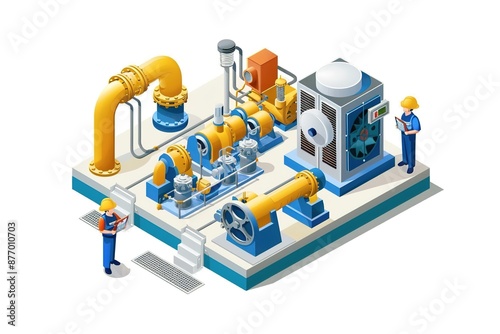 Engineer and electrician working with Industrial Water Pumps Maintenance Service concept isometric