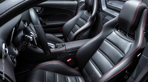 Wallpaper Mural Sleek black leather interior in a modern sports car, showcasing the fine details of the seat with red stitching. Torontodigital.ca