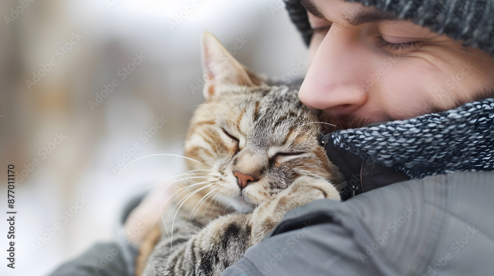 A person warmly hugs a tabby cat in winter, sharing a moment of affection on a cold, snowy day. Cozy companionship and warmth in chilly weather. A person warmly hugs a tabby cat in winter, sharing a moment of affection on a cold, snowy day. Cozy companionship and warmth in chilly weather.