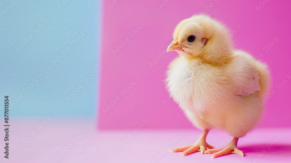Cute few weeks old female chicken isolated on colorful background Cute few weeks old female chicken isolated on colorful background