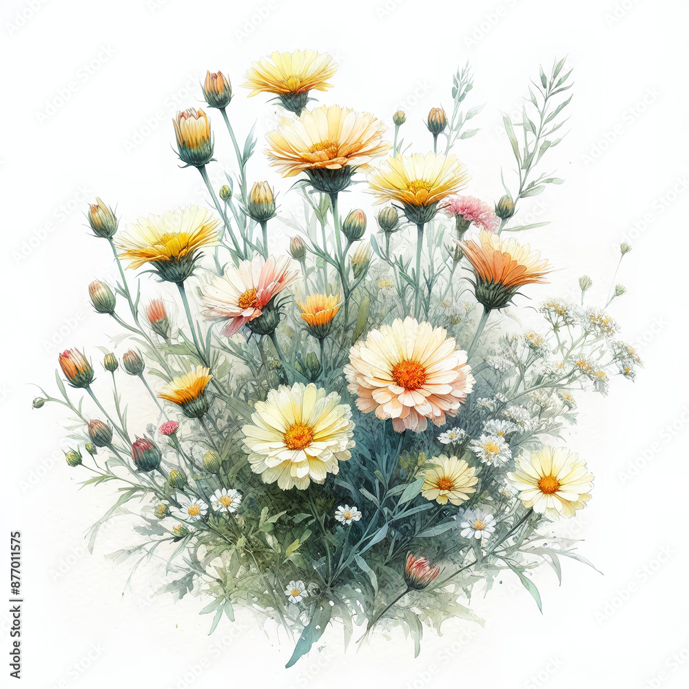 Obraz premium 흰 배경, 금잔화, 수채화 (white background, field marigold, water colour)