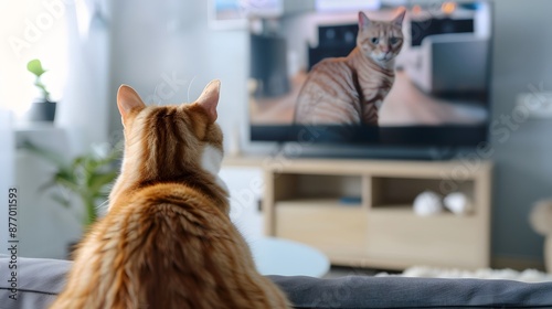 Orange tabby cat intently watching another cat on TV in a cozy modern living room setting during the daytime. photo