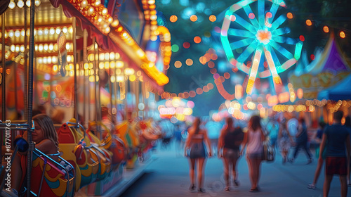 Local fair or carnival organized for Labor Day, sunset lighting with lamplight, selective focus and blurred people in the background © aditya