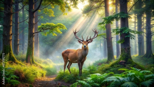 A serene, majestic deer stands amidst lush, vibrant foliage, surrounded by towering trees, in a tranquil, misty forest landscape. © DigitalArt Max