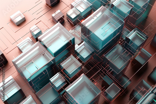 Wallpaper Mural futuristic abstract 3D design with transparent cubes in blue and pink hues creating a modern, high-tech visual effect Torontodigital.ca