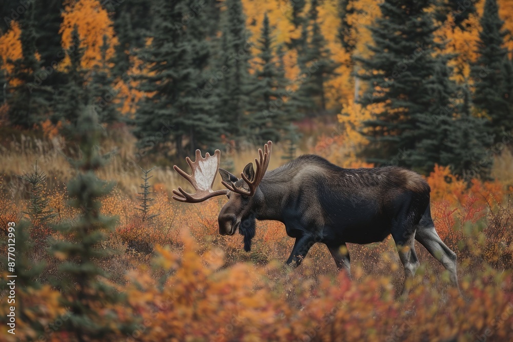 A Bull Moose walks along the forest edged during Fall rut A Bull Moose walks along the forest edged during Fall rut
