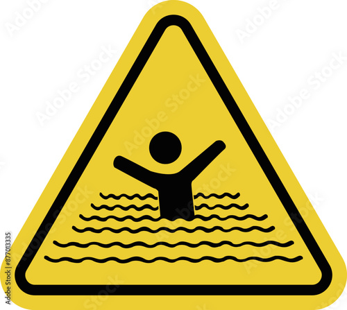 Be careful on water. Sign depth. Deep reservoir, river, lake. Warning sign deep in the sea. The sign is deep. Warning yellow triangular road sign.