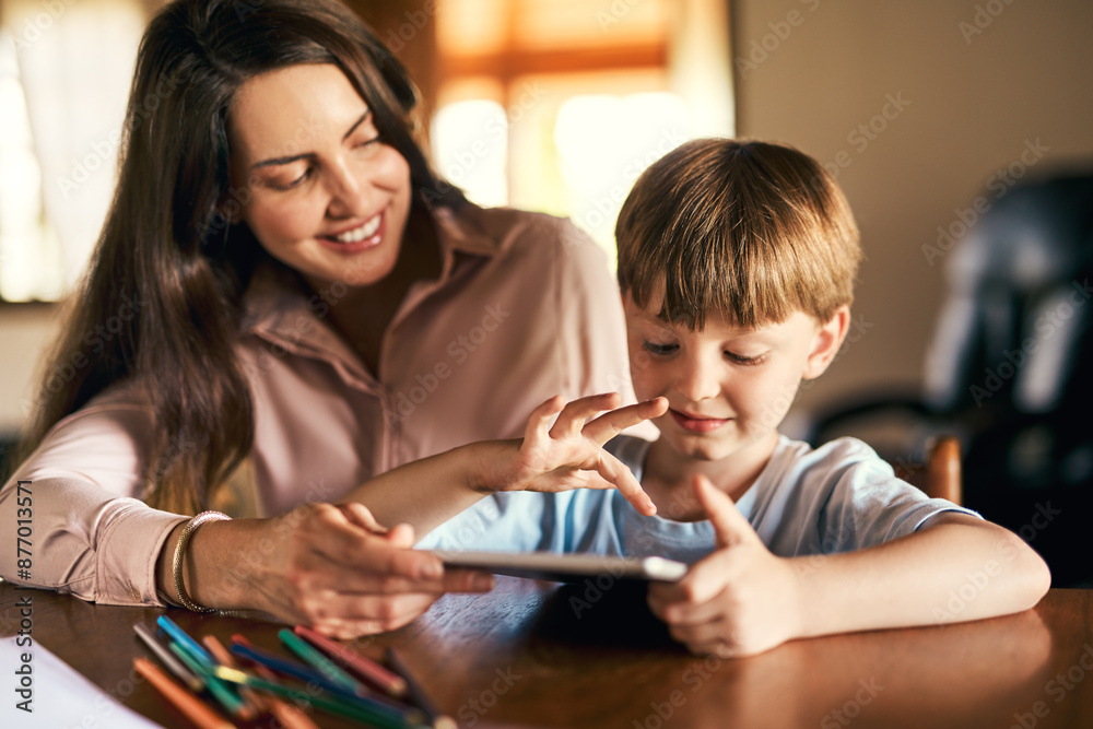 Mother, boy and tablet with help for homework, support and care for preschool, learning and growth. Woman, son and tech for educational games in home for language, math or skill for child development