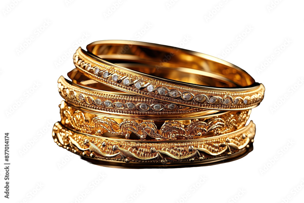 Two Golden Bands Adorned With Intricate Designs and Sparkling Stones on a White or Clear Surface PNG Transparent Background. Two Golden Bands Adorned With Intricate Designs and Sparkling Stones on a White or Clear Surface PNG Transparent Background.