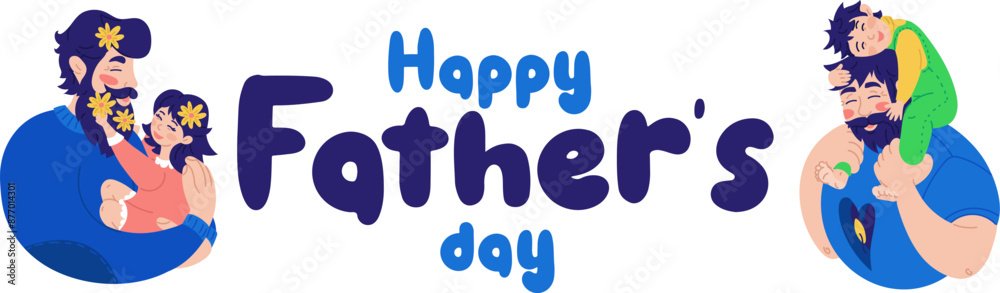 Vector background with happy fathers day, web banner, poster. Dad holds the boy on his shoulders in the middle of the fire. Dad is holding a girl with flowers in her hair. Warm hugs, love, tenderness Vector background with happy fathers day, web banner, poster. Dad holds the boy on his shoulders in the middle of the fire. Dad is holding a girl with flowers in her hair. Warm hugs, love, tenderness