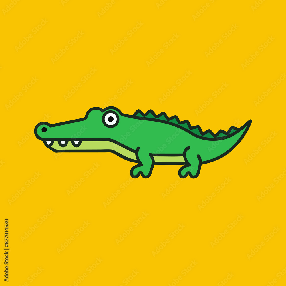 A green crocodile on yellow with motor vehicles and animals keywords
