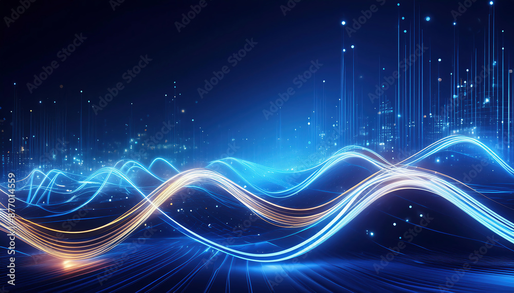 Fototapeta premium Abstract digital data stream with glowing lines on dark blue background
