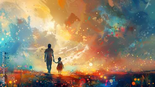 a man and child walking on a hill