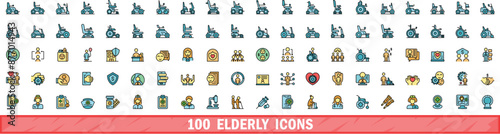 100 elderly icons set. Color line set of elderly vector icons thin line color flat on white