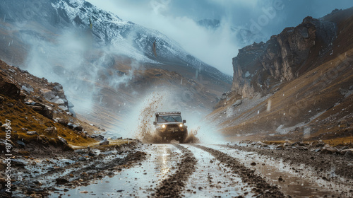 Tough car tackling a rugged mountain pass. Expedition in a Jeep to remote villages. Mud and rain spray during intense off-road racing.