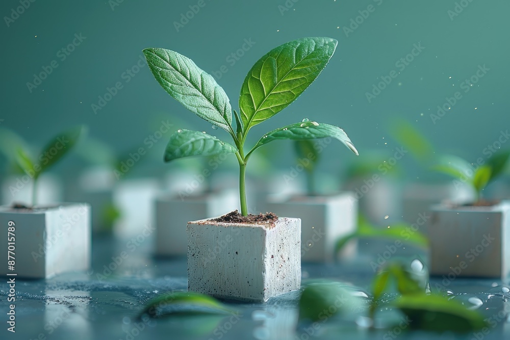 Green seedling growing in concrete block