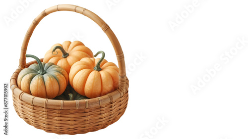 Autumn Harvest Charm: Woven Bamboo Basket of Fresh Pumpkins with Isolated PNG Background and Ample Space - Perfect for Culinary Art, Seasonal Designs, and Digital Projects photo