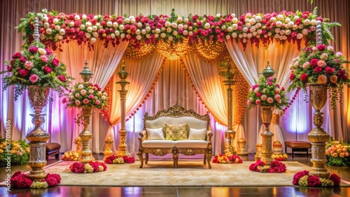 Elaborate decorations, vibrant flowers, and ornate backdrop adorn a serene, empty Hindu wedding setup, capturing the essence of love and commitment.