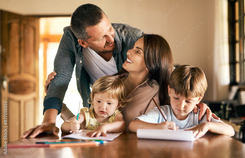 Family, education and homework with kids, drawing and notepad with parents teaching for learning. Children, home school or study with siblings, mother and father in kitchen for growth or development