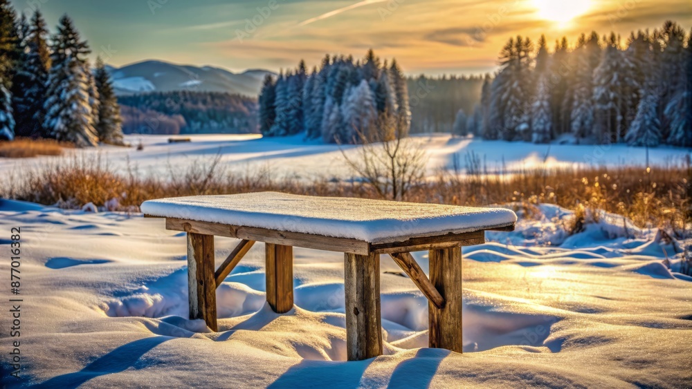 Rustic, weathered wooden table stands alone against a serene, snow-covered winter backdrop, evoking a sense of quiet, rural solitude. Rustic, weathered wooden table stands alone against a serene, snow-covered winter backdrop, evoking a sense of quiet, rural solitude.