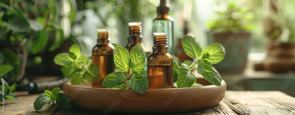 Relaxing aromatherapy scene with peppermint and essential oil bottles Relaxing aromatherapy scene with peppermint and essential oil bottles